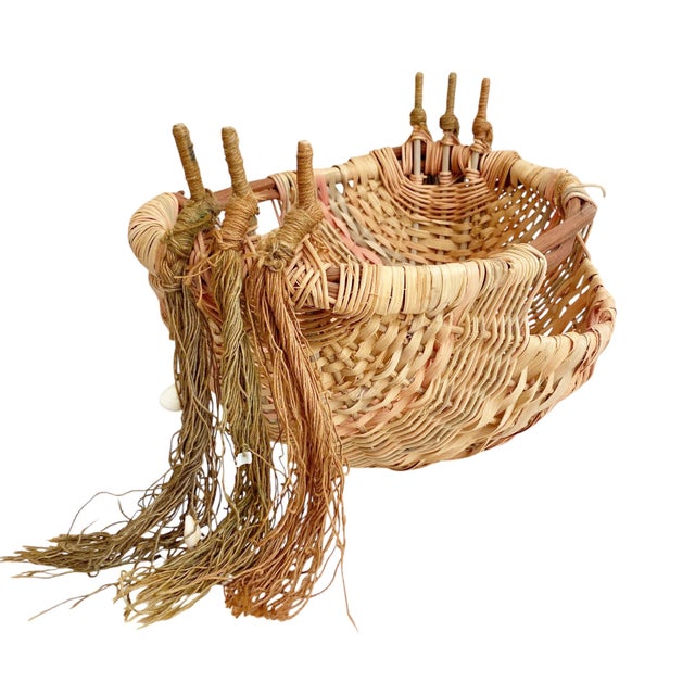1980s Handwoven Twig Handle Nautical Colorful Basket With Tassels & Shells For Sale - Image 4 of 7