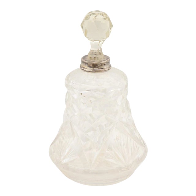 1920s Small French Crystal Toiletry Bottle with Silver Neck & Diamond Motifs For Sale