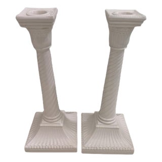 Vintage Fitz and Floyd White Porcelain Candlesticks - A Pair For Sale
