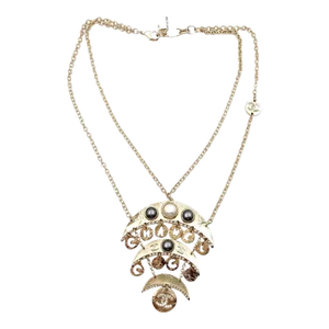 Chanel Brand New Gold CC Moon Crystal Faux Pearl Chain Necklace