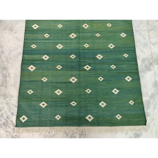 Mid-Century Modern Handmade Cotton Forest Green Diamond Runner, Green and White -2.5'x12' For Sale - Image 3 of 8