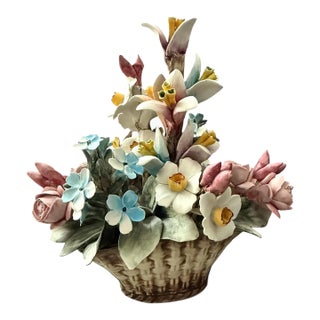 Vintage Capodimonte Crown N Floral Basket Centerpiece, Italian Ceramic For Sale