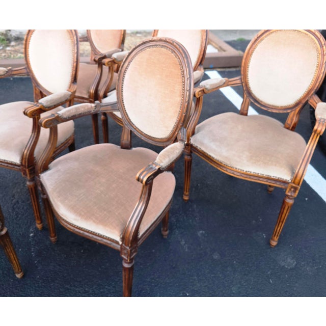 W. & J. Sloane Set of Six W. & J. Sloane Louis XVI Revival Walnut Oval Back Dining Armchairs, Mid-Century For Sale - Image 4 of 17