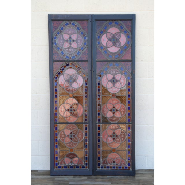 1900 - 1909 Antique Victorian Gothic Hand-Painted Stained Glass Windows in Wood Frames, Circa 1900 – Pair For Sale - Image 5 of 18