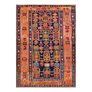1930s Blue Navy Geometric Tribal Antique Persian Kurdish Rug 4'9" X 6'10" Hand Knotted Wool Carpet For Sale