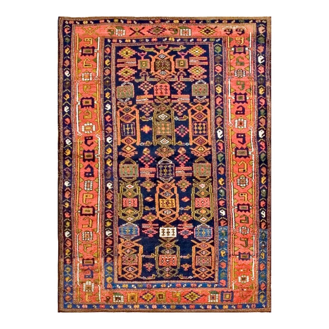 1930s Blue Navy Geometric Tribal Antique Persian Kurdish Rug 4'9" X 6'10" Hand Knotted Wool Carpet For Sale
