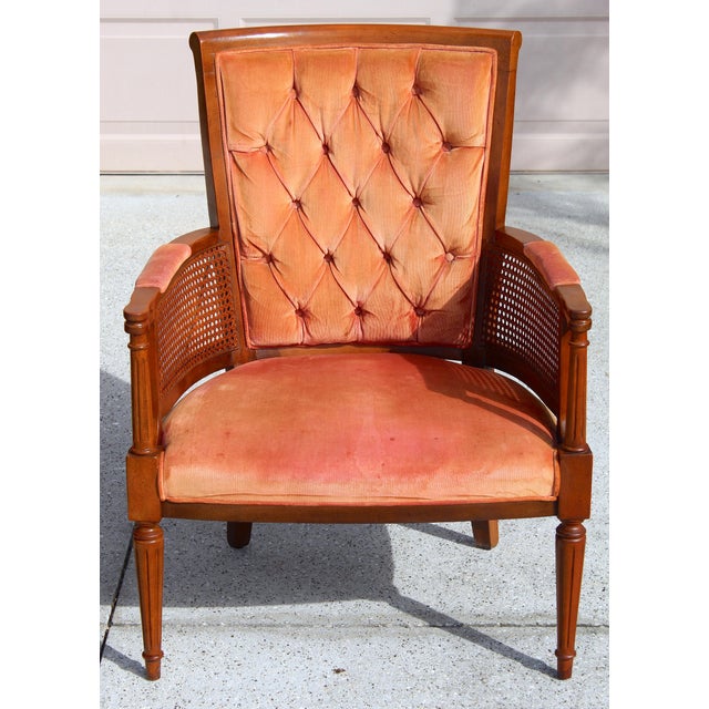 Vintage Tufted Velvet Upholstered Pair of Mid-Century Modern Armchairs With Cane Sides For Sale - Image 9 of 18