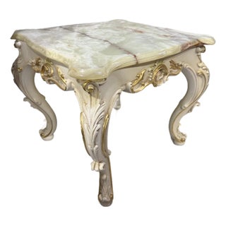 1930s Small French Louis XV Style Golden Wood Alabaster Top Square Side Table For Sale