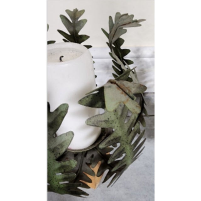 Pair of Vintage Italian Toleware Metal and Wood Fern Candle Holders For Sale - Image 6 of 7