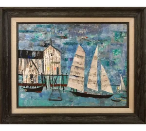 Chester Dixon Snowden 1 Cool-Colored Abstract Expressionist Sailboats and Boat House 1960s
