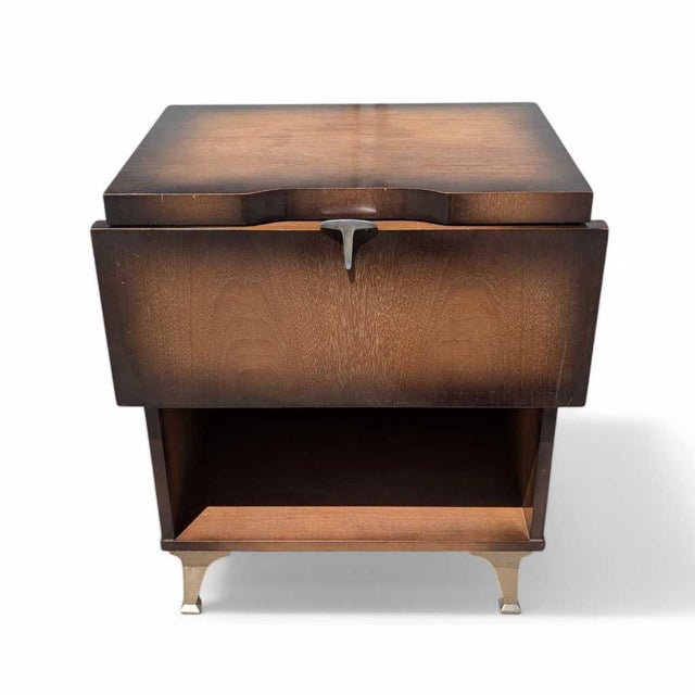 1950s Atomic Walnut Drop-Front Nightstand With Metal Legs, Mid-Century For Sale - Image 12 of 16