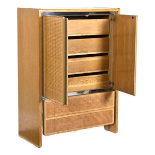 1970s John Stuart Modern Oak and Caned Front Chrome Trim Gentlemen's Tall Dresser For Sale