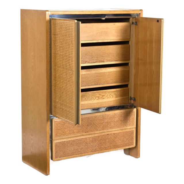 1970s John Stuart Modern Oak and Caned Front Chrome Trim Gentlemen's Tall Dresser For Sale