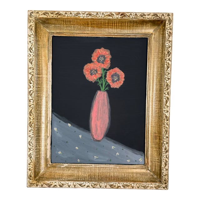 Vintage Framed Original Floral Primitive Painting For Sale