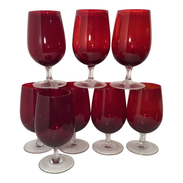 1960s Ruby Art Deco Water Goblets With Clear Low Rise Stems - Set of 8 For Sale