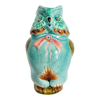 Midcentury French Majolica Owl Pitcher For Sale