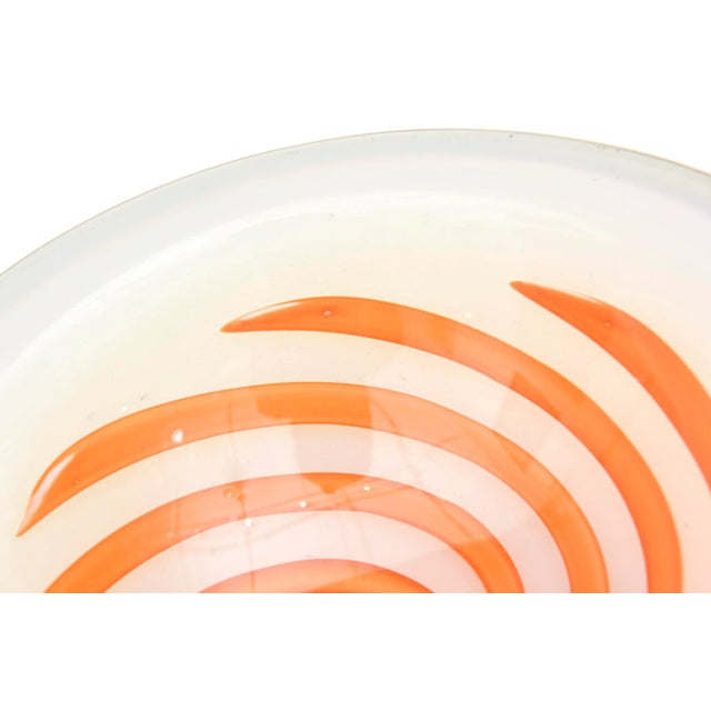 Glass Vintage Murano Fratelli Toso White Cased Opalescent Bowl With Orange Optical Swirl Designs For Sale - Image 7 of 9