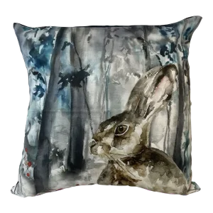 16" Square Decorative Toss Pillow Adorned With a Stately Rabbit /Hare Scampering Through the Woods - Made in the U K