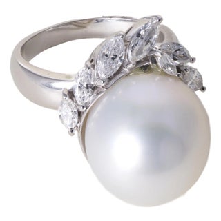 Vintage Platinum South Sea White Pearl and Marquise Diamond Ring, Size 7.75 For Sale