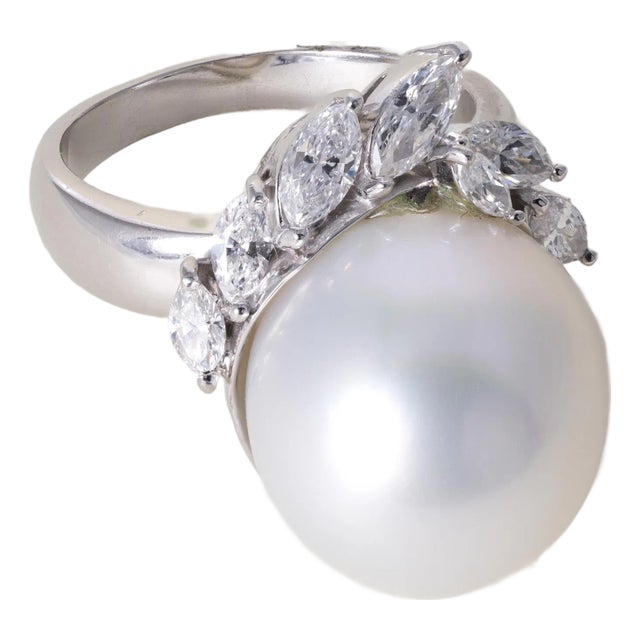Vintage Platinum South Sea White Pearl and Marquise Diamond Ring, Size 7.75 For Sale