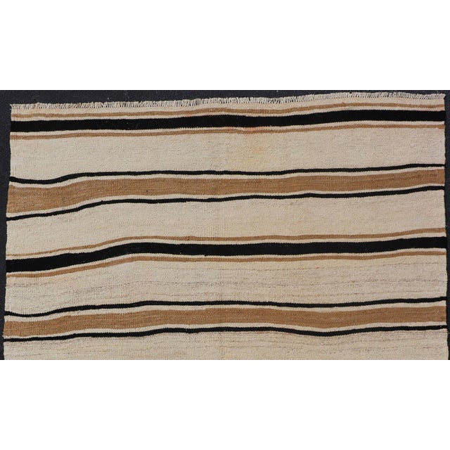 Traditional Vintage Turkish Kilim Rug With Ivory, Brown and Deep Charcoal Stripes For Sale - Image 3 of 11