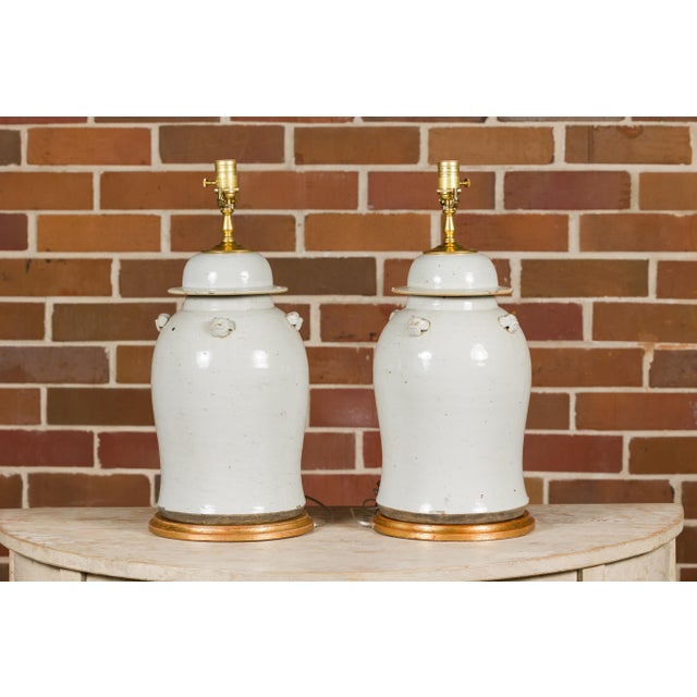 Asian Modern White Porcelain Lidded Urns on Gilded Bases - Pair For Sale - Image 10 of 12
