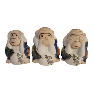 Vintage Chinoiserie See No Evil Hear No Evil Speak No Evil Hand Painted Monkey Statues Set of 3 For Sale