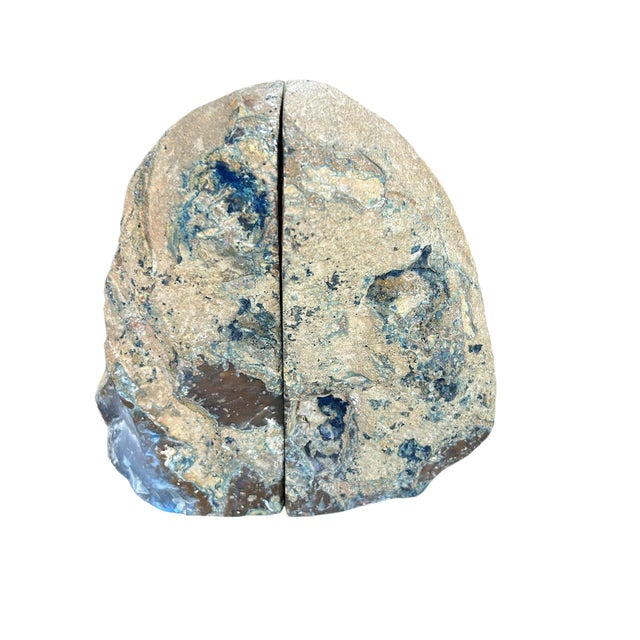Mid 20th Century Vt Blue Agate Geode Bookends: Polished Natural Stone Pair For Sale - Image 5 of 9
