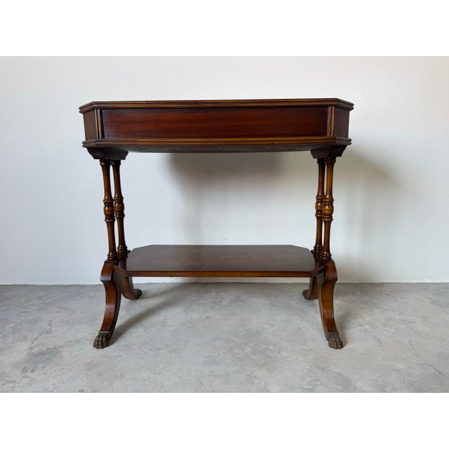 Wood SOLDHollywood Regency Burl Walnut Small Console Table With Two Dovetailed Drawers & Lower Shelf For Sale - Image 7 of 12