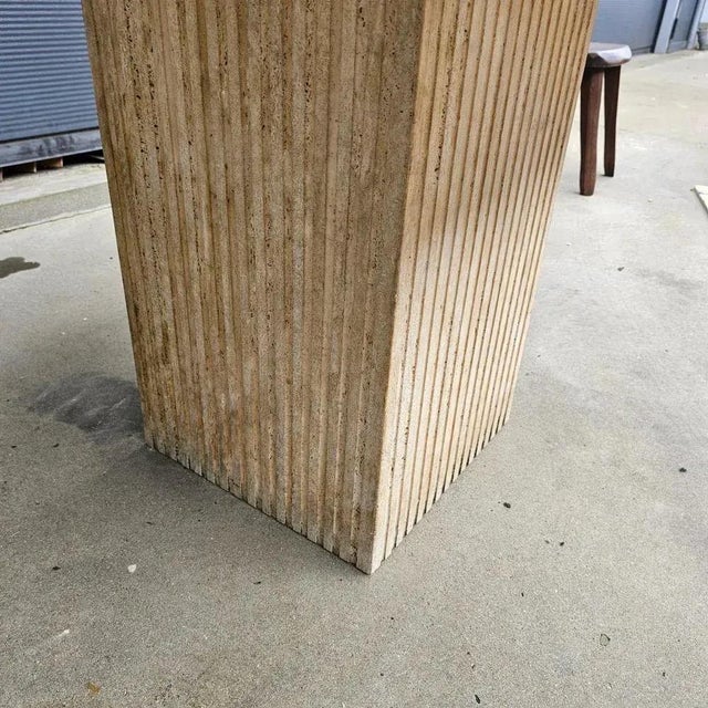 Cream Minimalist Travertine Marble Dining Table With Fluted Carved Base For Sale - Image 8 of 11