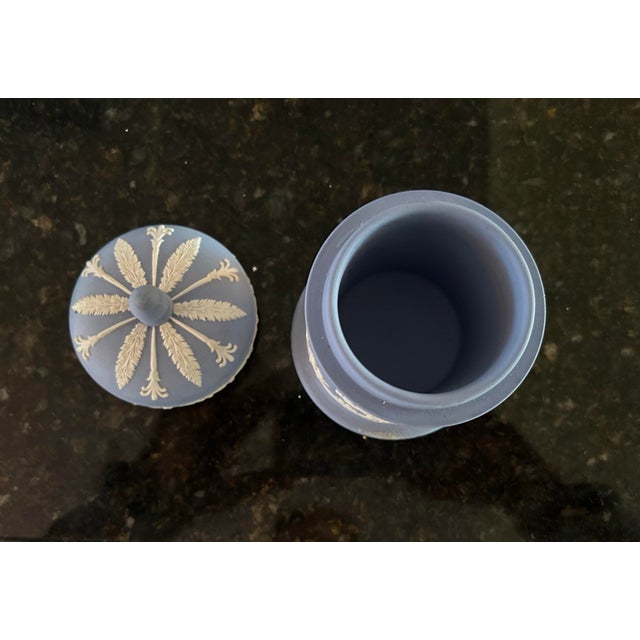 Vintage Wedgewood Blue and white jasperware jar. 3" wide, 3" deep, 4" tall.