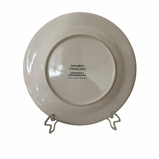 Vintage Pottery Barn set of five hand painted blue and white dinner plates. Measures 10” diameter.