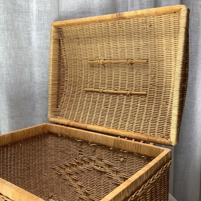 1970s Extra Large Wicker Suitcase Style Storage Basket With Hinged Lid