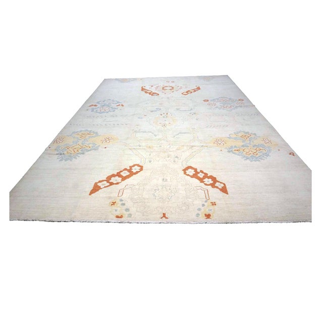 21st Century Turkish Oushak Wool 10x14 Ivory, Orange & Slate Blue Handmade Area Rug #1144178 For Sale - Image 4 of 7
