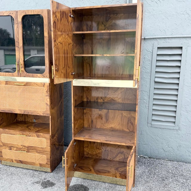 Wood Mid Century Modern Burlwood Laminate and Cane Etageres/Wall Unit - Three Pieces For Sale - Image 7 of 12