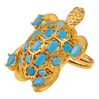 Protective Turtle Turquoise & Gold Chunky Adjustable Ring, Size 8 For Sale