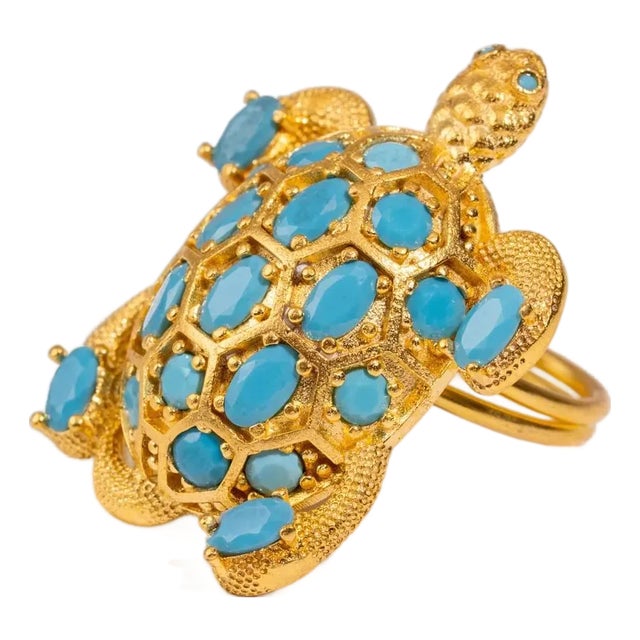 Protective Turtle Turquoise & Gold Chunky Adjustable Ring, Size 8 For Sale