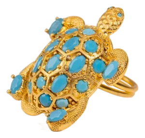 Protective Turtle Turquoise & Gold Chunky Adjustable Ring, Size 8