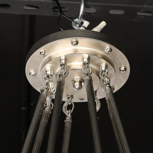 Art Deco Geometric Frosted Glass & Nickeled Starburst Chandelier Signed Degué For Sale - Image 11 of 18