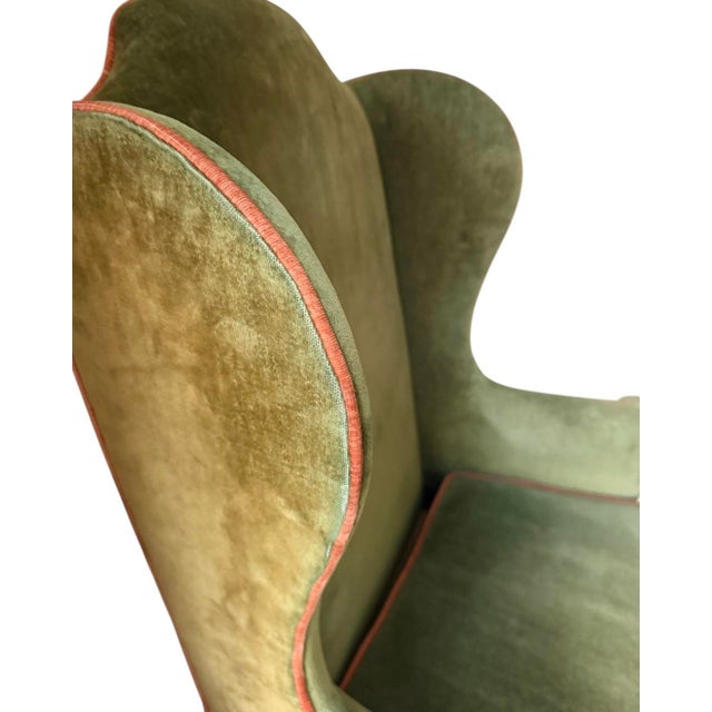 Textile Vintage Wingback Chair and Ottoman by Woodmark Originals in Green Velvet With Terracotta Piping, a Set For Sale - Image 7 of 13