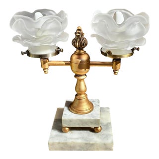 1950s Art Nouveau Style Double Arm Table Lamp With Frosted Floral Shaped Art Glass Shades For Sale