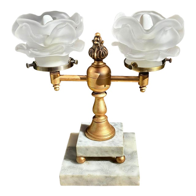 1950s Art Nouveau Style Double Arm Table Lamp With Frosted Floral Shaped Art Glass Shades For Sale