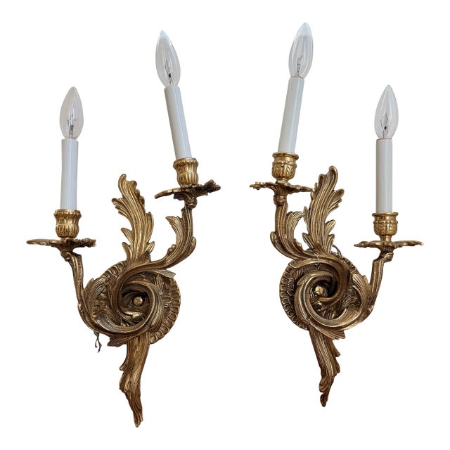 Vintage Gilt Metal Double-Arm Wall Sconces – Louis XV Rococo Style (Pair) For Sale