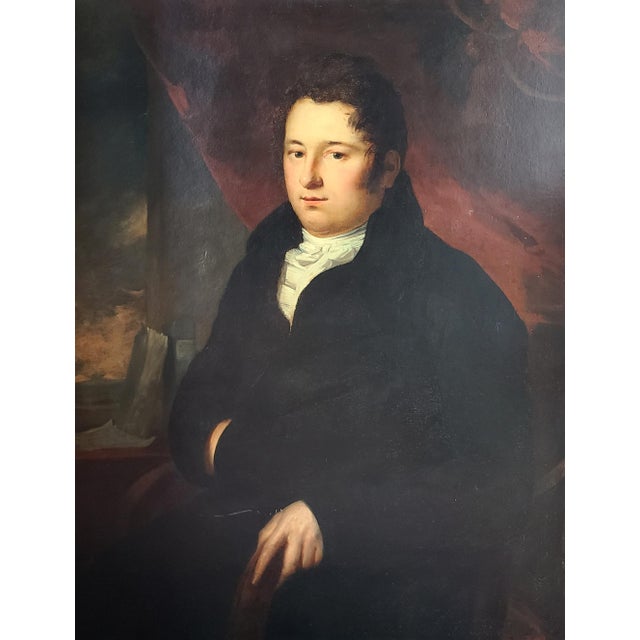 Original, early 19th century portrait of a handsome sea captain exuding quiet confidence. He wears a dark, structured coat...
