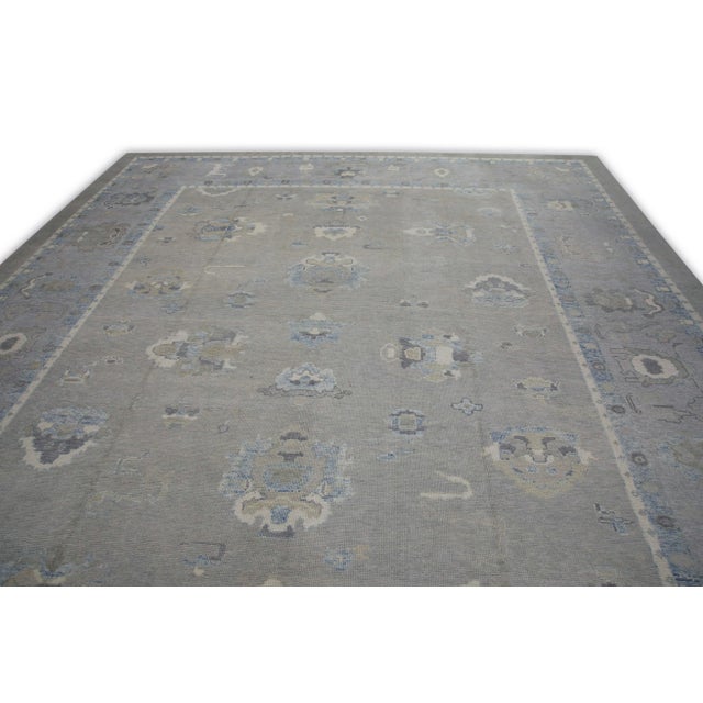 Early 21st Century Green & Blue Floral Design Handwoven Wool Turkish Oushak Rug 12'6" X 15'2" For Sale - Image 4 of 8