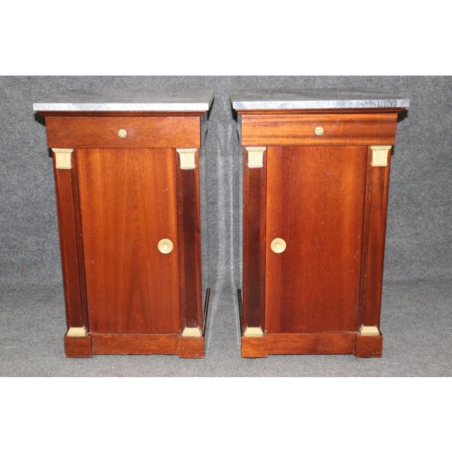 French Gorgeous Pair of French Dore' Bronze and Marble French Empire Nightstands For Sale - Image 3 of 12