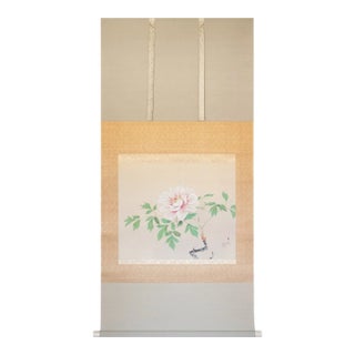 "Peony" by Unryū, Showa Era Large Japanese Painted Silk Scroll Painting For Sale