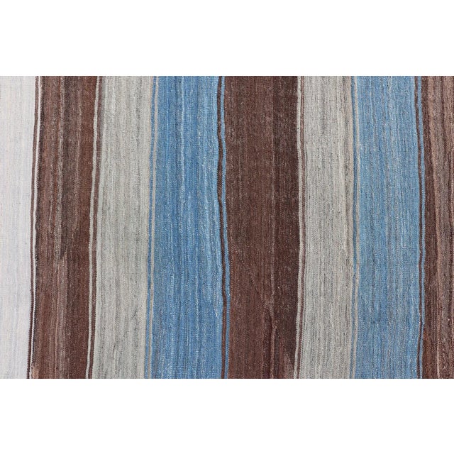 Kilim Rug With Horizontal Stripes in Blue, Brown, and Soft Gray 8'4 X 11'10 For Sale - Image 11 of 13
