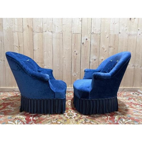 Textile Napoleon III Blue Velvet Toadstool Armchairs, Set of 3 For Sale - Image 7 of 8