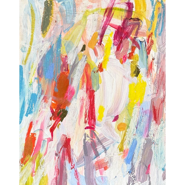 This abstract acrylic and oil pastel painting on fine art paper comes framed in a high quality wide gold frame. The...